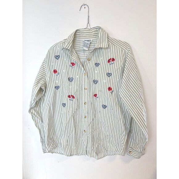 Koret City Blues Vintage Striped Button Down Blouse Hearts Stripes Small S - Picture 1 of 7